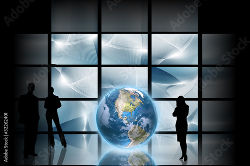 Photo: Digital space - Blue digital background with blue globe Digital space - Blue digital background with blue globe