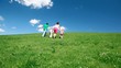 family holding hands up hill with green grass and wildflowers