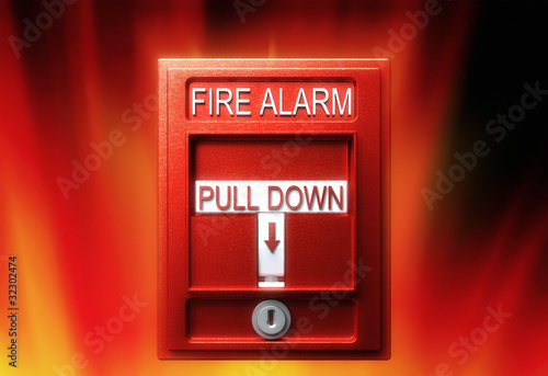 Illustration: Fire alarm, 3d render, over fire background Fire alarm, 3d render, over fire background