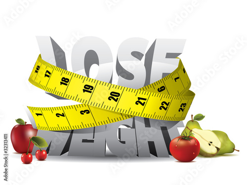 Vector: Lose weight text with measure tape and fruits Lose weight text with measure tape and fruits