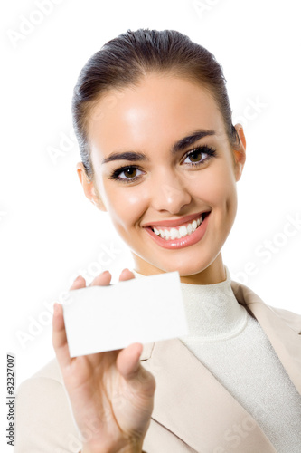 Photo: Happy business woman with blank business card, isolated Happy business woman with blank business card, isolated