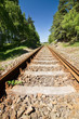 Spring countryside with railway, forest and blue sky