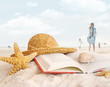 Foto: Straw hat , book and seashells in the sand Straw hat , book and seashells in the sand