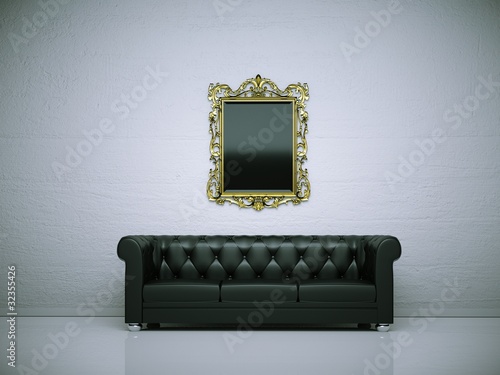 Illustration: Schwarzes Ledersofa mit goldenem Bilderrahmen Schwarzes Ledersofa mit goldenem Bilderrahmen