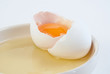 Broken chicken egg and shell on a saucer