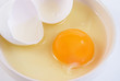 Broken chicken egg and shell on a saucer
