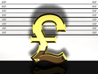 Pound sterling sign mug shot, financial fraud and speculation