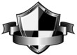 Steel shield with ribbon over white background