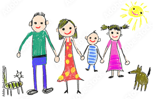 Illustration: kinderzeichnung familie mit haustieren kinderzeichnung familie mit haustieren