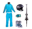 Set of things for downhill skiing, isolation on white