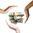 Dollar bills with multiracial human hands around it. Dollar bills with multiracial human hands around it.