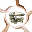 Dollar bills with multiracial human hands around it. Dollar bills with multiracial human hands around it.