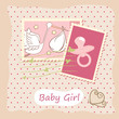 Illustration: Baby Girl Card with Stork and Stamps Baby Girl Card with Stork and Stamps