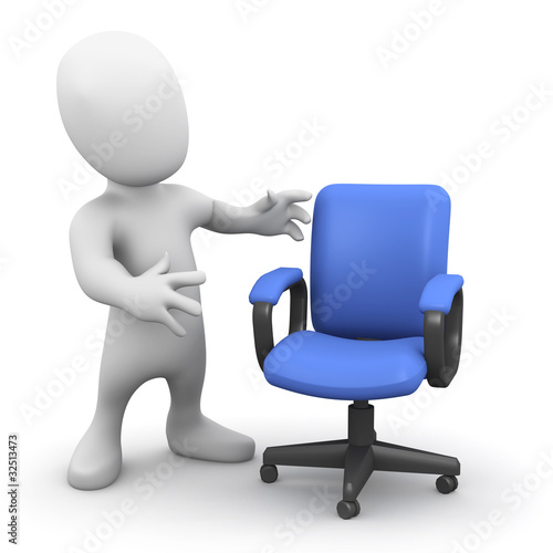 Illustration: 3d Little man offers you his chair 3d Little man offers you his chair
