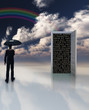 man with umbrella stands before doorway of text