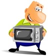 Happy man with microwave oven.