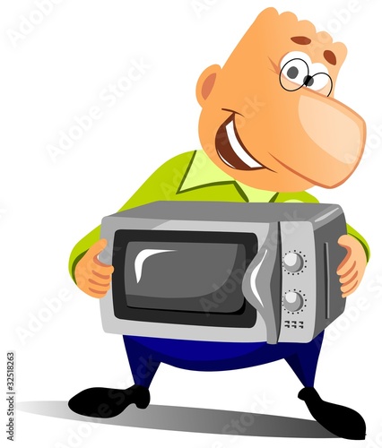 Illustration: Happy man with microwave oven. Happy man with microwave oven.