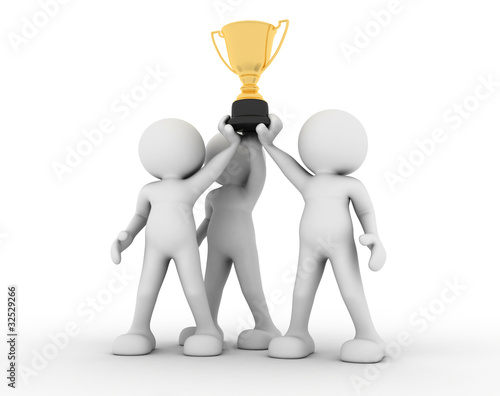 Illustration: 3d human icon holding golden trophy 3d human icon holding golden trophy