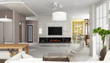 Illustration: Interior of modern luxury apartment with fireplace, 3D render Interior of modern luxury apartment with fireplace, 3D render