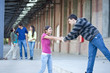 Group of friends at brick building
