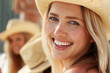 Closeup of a happy cute female at the beach with friends