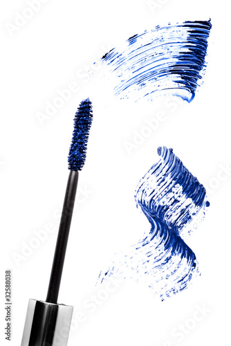 Photo: Blue mascara stroke and brush isolated on white Blue mascara stroke and brush isolated on white