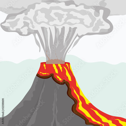 Vector: Fuming volcano with fiery lava and big column of smoke Fuming volcano with fiery lava and big column of smoke