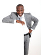 Businessman holding white message board