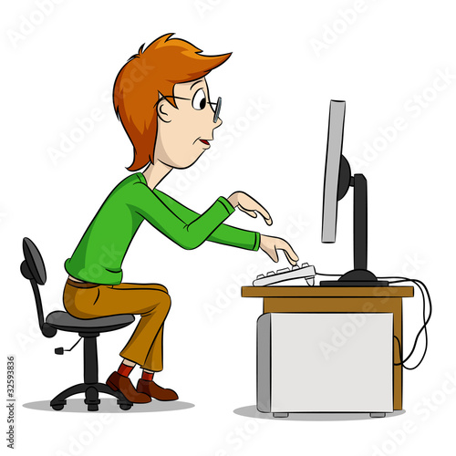 Vector: Cartoon funny boy and computer Cartoon funny boy and computer