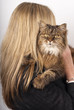 ����: Blonde woman holding brown tabby cat � redzaal #32594293