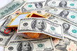 Dollar banknotes in a gold purse.
