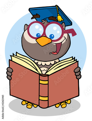 Cartoon Characters Reading. Owl Teacher Cartoon Character With Graduate Cap Reading A Book