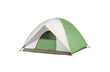 an isolated camping tent green and white in a white background