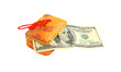 Dollar banknotes in a gold purse.