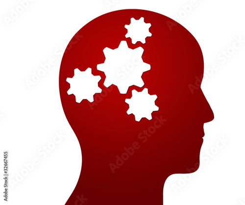Illustration: Profile of a head containing cogs illustrating a thought process Profile of a head containing cogs illustrating a thought process
