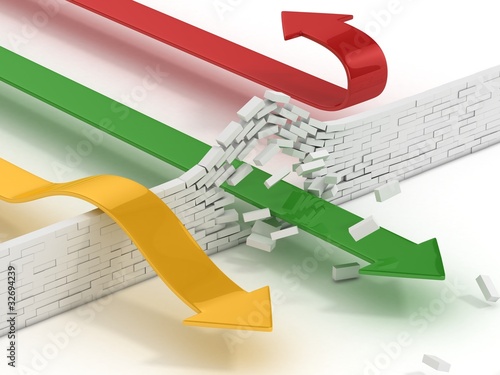 Illustration: arrows breaking or passing brick wall, power solution, success arrows breaking or passing brick wall, power solution, success