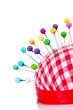 Colored pinheads in pin-cushion isolated on white