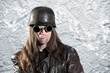 wild man with steel helmet and sunglasses