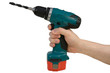 Hand holding cordless drill. isolated on white background.