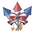 Three colorful firecrackers and striped bow on white background
