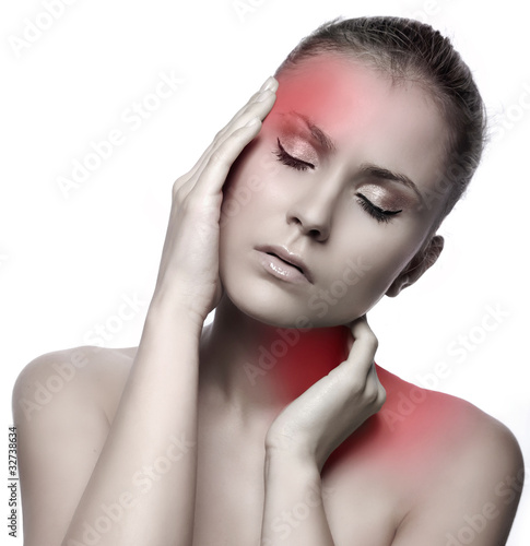 Photo: woman having migraine on white background woman having migraine on white background