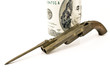 Old gun with bayonet and hundred dollar bill