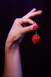 Photo: closeup of woman hand with strawberry against dark background closeup of woman hand with strawberry against dark background