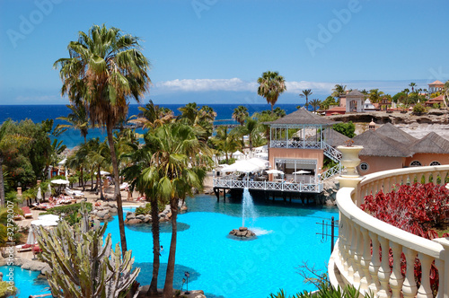 Photo: Swimming pool, open-air restaurant and beach of luxury hotel, Te Swimming pool, open-air restaurant and beach of luxury hotel, Te