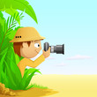 Photographer cartoon hunter in rainforest and desert
