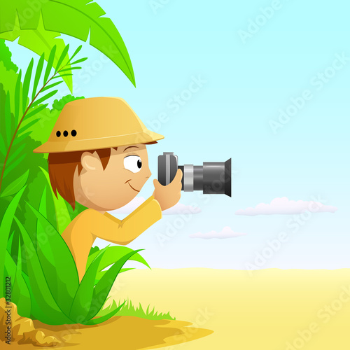 Vector: Photographer cartoon hunter in rainforest and desert Photographer cartoon hunter in rainforest and desert