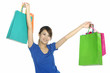 close up happy girl with shopping colorful bag