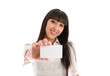 Pretty smiling woman with business or id card