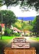 Traveling suitcases in a small town street