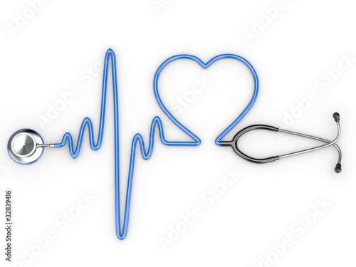 Illustration: Stethoscope and a silhouette of the heart and ECG Stethoscope and a silhouette of the heart and ECG